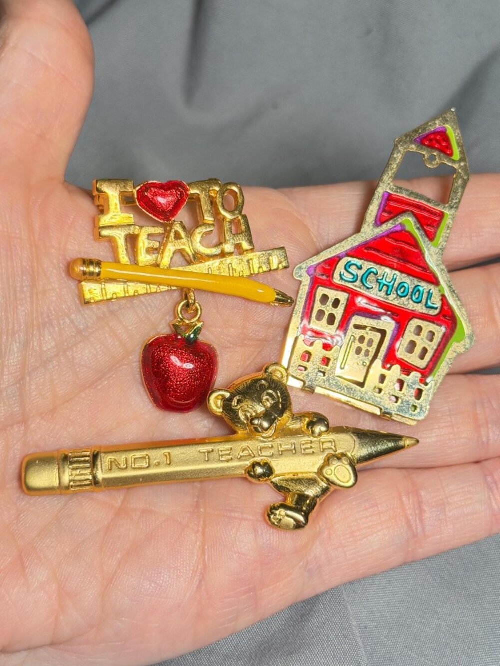 Vintage Teacher Brooch Set JJ Pencil Schoolhouse I Love To Teach Pins